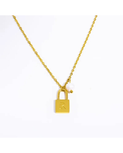 Letter R Lock Titanium Steel Pearl Plating 18K Gold Plated Pendant Necklace