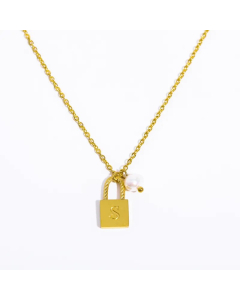 Letter S Lock Titanium Steel Pearl Plating 18K Gold Plated Pendant Necklace