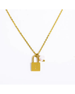 Letter T Lock Titanium Steel Pearl Plating 18K Gold Plated Pendant Necklace