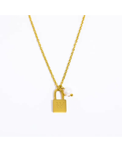Letter W Lock Titanium Steel Pearl Plating 18K Gold Plated Pendant Necklace