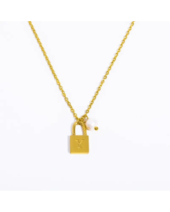 Letter Y Lock Titanium Steel Pearl Plating 18K Gold Plated Pendant Necklace