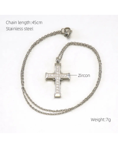 Steel Color Cross Stainless Steel Inlay Zircon 18K Gold Plated Pendant Necklace