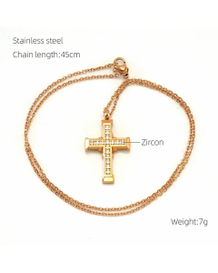 Rose Gold Color Cross Stainless Steel Inlay Zircon 18K Gold Plated Pendant Necklace
