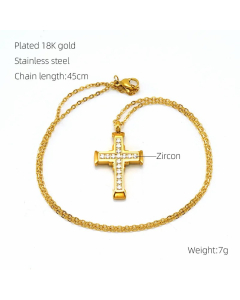 Gold Color Cross Stainless Steel Inlay Zircon 18K Gold Plated Pendant Necklace