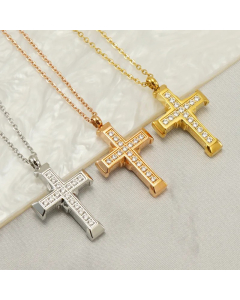 Classic Style Cross Stainless Steel Inlay Zircon 18K Gold Plated Pendant Necklace