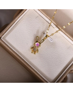 Wholesale Stainless Steel Necklace Rabbit Inlaid Opal Zircon Pendant Necklace-Gold Color-02