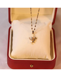 Wholesale Stainless Steel Necklace Rabbit Inlaid Opal Zircon Pendant Necklace-Gold Color-03