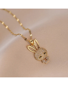 Wholesale Stainless Steel Necklace Rabbit Inlaid Opal Zircon Pendant Necklace-Gold Color-05