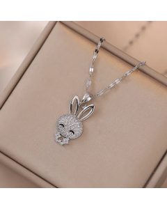 Wholesale Stainless Steel Necklace Rabbit Inlaid Opal Zircon Pendant Necklace-Steel Color-05