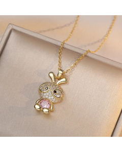 Wholesale Stainless Steel Necklace Rabbit Inlaid Opal Zircon Pendant Necklace-Gold Color-08