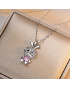 Wholesale Stainless Steel Necklace Rabbit Inlaid Opal Zircon Pendant Necklace-Steel Color-08