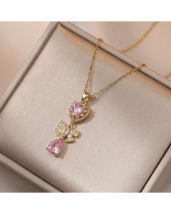 Sweet Water Droplets Heart Shape Bow Knot Titanium Steel Plating Inlay Zircon Pendant Necklace