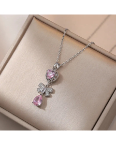 Sweet Water Droplets Heart Shape Bow Knot Titanium Steel Plating Inlay Zircon Pendant Necklace