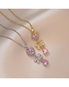 Sweet Water Droplets Heart Shape Bow Knot Titanium Steel Plating Inlay Zircon Pendant Necklace