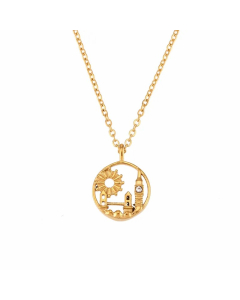 Vintage Style Artistic City Stainless Steel Plating Inlay Artificial Diamond 18K Gold Plated Pendant Necklace