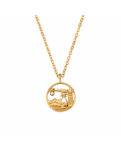 Vintage Style Artistic City Stainless Steel Plating Inlay Artificial Diamond 18K Gold Plated Pendant Necklace