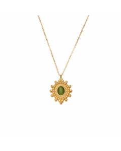 Vintage Style Oval Stainless Steel Plating Inlay Natural Stone 18K Gold Plated Pendant Necklace