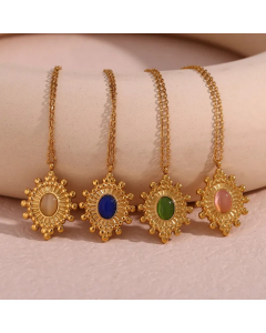 Vintage Style Oval Stainless Steel Plating Inlay Natural Stone 18K Gold Plated Pendant Necklace_colorza_4