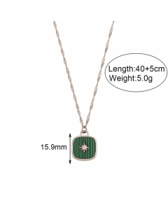 Wholesale Stainless Steel Necklace Square Star Inlaid Shell Necklace-Steel Color-Green