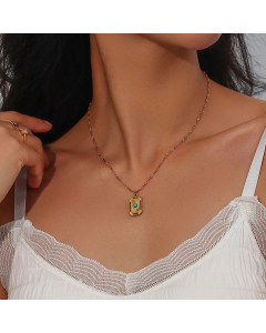 Vintage Style Square Stainless Steel Plating Inlay Natural Stone 18K Gold Plated Pendant Necklace