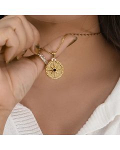 Basic Vintage Style Classic Style Compass Stainless Steel Plating Inlay Zircon 18K Gold Plated Pendant Necklace