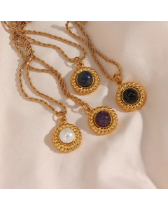 Basic Vintage Style Classic Style Round Stainless Steel Plating Inlay Natural Stone 18K Gold Plated Pendant Necklace_colorza_1