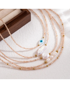 IG Style Vacation Round Devil'S Eye Stainless Steel Freshwater Pearl Zircon Beaded 18K Gold Plated Necklace