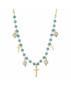 Retro Vintage Style French Style Cross Stainless Steel Turquoise Plating Turquoise 18K Gold Plated Necklace