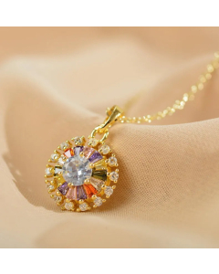Cute Round Stainless Steel Copper Plating Inlay Zircon Gold Plated Pendant Necklace