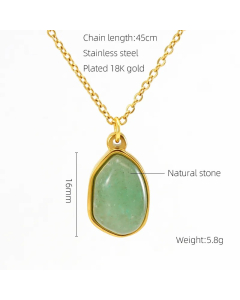 Colorza Elegant Oval Stainless Steel Plating Inlaid Natural Stone 18K Gold Plated Pendant Necklace-Gold Color-Green