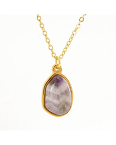 Colorza Elegant Oval Stainless Steel Plating Inlaid Natural Stone 18K Gold Plated Pendant Necklace-Gold Color-Purple