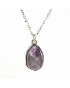 Colorza Elegant Oval Stainless Steel Plating Inlaid Natural Stone 18K Gold Plated Pendant Necklace-Steel Color-Purple