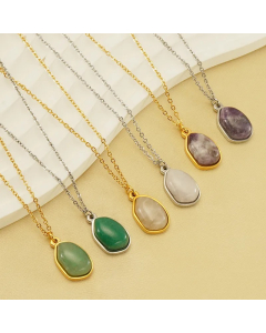 Elegant Oval Stainless Steel Plating Inlay Natural Stone 18K Gold Plated Pendant Necklace