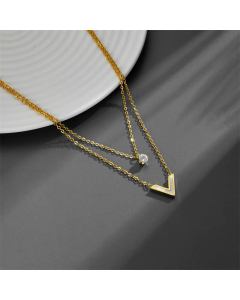 Simple Style V Shape Titanium Steel Inlay Shell Zircon 18K Gold Plated Layered Necklaces