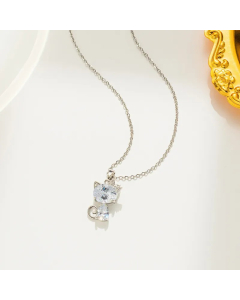 Steel Color Cute Cat Titanium Steel Inlay Zircon Pendant Necklace