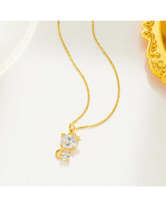 Gold Color Cute Cat Titanium Steel Inlay Zircon Pendant Necklace