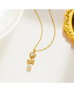 Gold Color Elegant Water Droplets Heart Shape Bow Knot Titanium Steel Inlay Zircon Pendant Necklace
