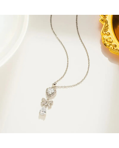 Steel Color Elegant Water Droplets Heart Shape Bow Knot Titanium Steel Inlay Zircon Pendant Necklace