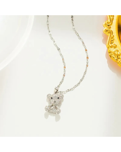 Steel Color Cute Simple Style Bear Titanium Steel Inlay Zircon Pendant Necklace