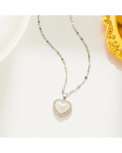 Steel Color Heart Shape Titanium Steel Inlay Artificial Pearls Zircon Pendant Necklace