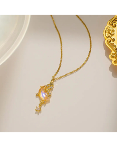 Gold Color Star Moon Titanium Steel Inlay Zircon Pendant Necklace