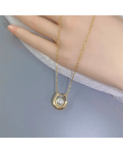 Elegant U Shape Titanium Steel Inlay Artificial Pearls Pendant Necklace