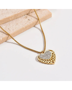 Modern Style Simple Style Heart Shape Stainless Steel Polishing Hollow Out Inlay Rhinestones 14K Gold Plated Pendant Necklace