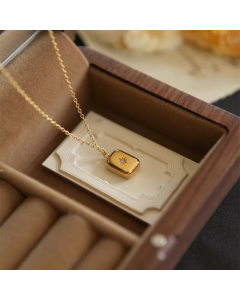 Square Titanium Steel Plating Inlay Artificial Gemstones 18K Gold Plated Pendant Necklace