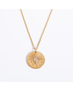 Vintage Style Commute Sun Stainless Steel Plating Inlay Carving Zircon 18K Gold Plated Pendant Necklace