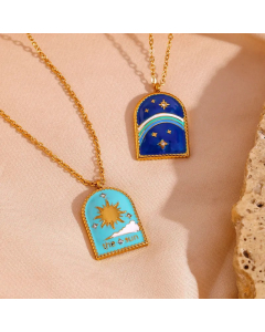 Vintage Style Commute Sun Star Stainless Steel Enamel Plating 18K Gold Plated Pendant Necklace_colorza_1