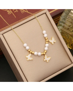 Artistic Butterfly Stainless Steel Inlay Shell Pendant Necklace