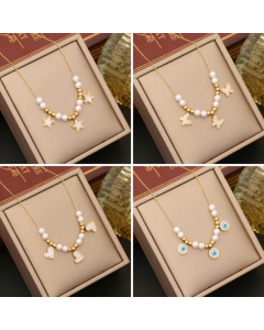 Artistic Pentagram Heart Shape Butterfly Stainless Steel Inlay Shell Pendant Necklace_colorza_4