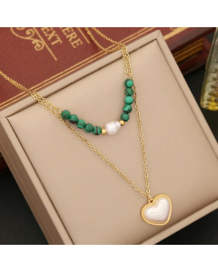Retro Tree Heart Shape Eye Stainless Steel Malachite Inlay Artificial Diamond Pearl Layered Necklaces