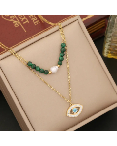 Retro Tree Heart Shape Eye Stainless Steel Malachite Inlay Artificial Diamond Pearl Layered Necklaces